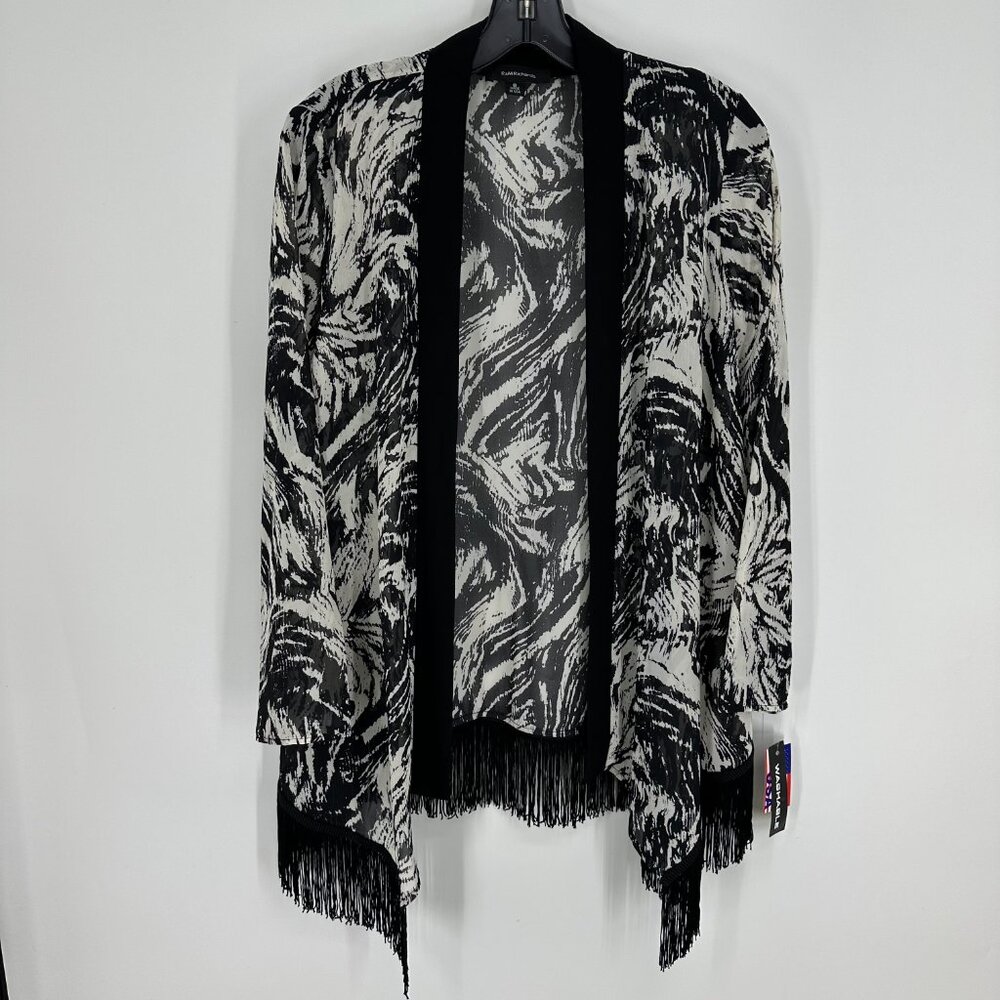 R&M Richards Sheer Jacket Top Open‎ Cardigan Fringe Abstract Print Black Cream